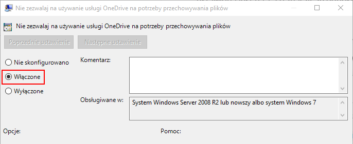 Włączanie funkcji dezaktywującej OneDrive