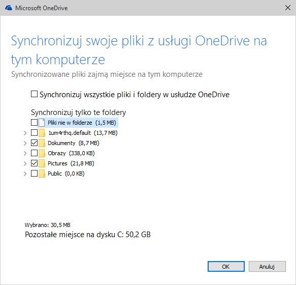 OneDrive - wybór katalogów do synchronizacji