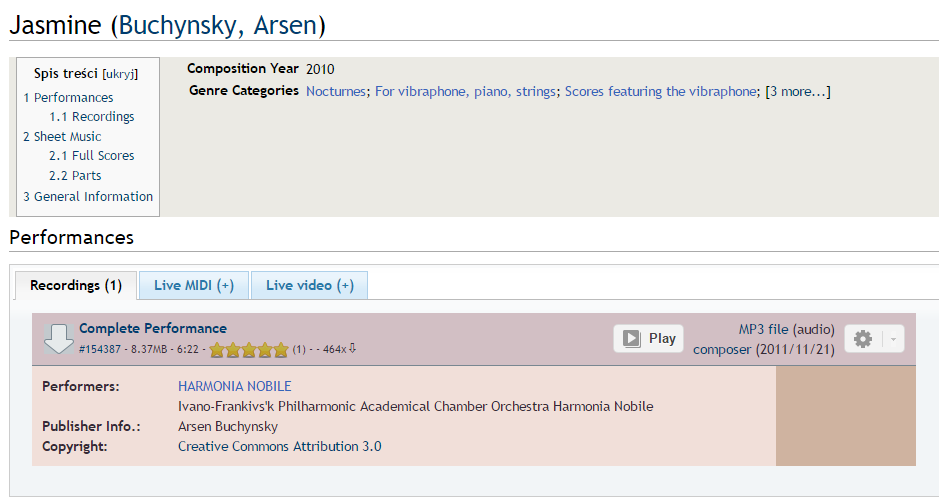 Szczegóły wybranej kompozycji - nagrania, zapisy nutowe i opisy