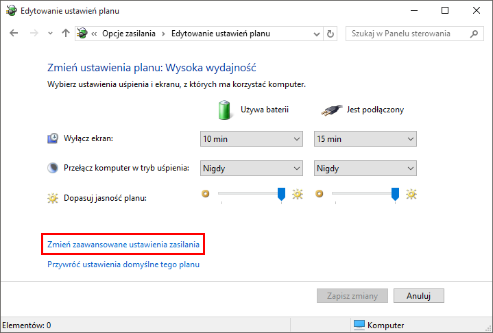 Zaawansowane ustawienia planu zasilania