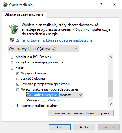 Opcje adaptacyjnej jasności w Windows 10