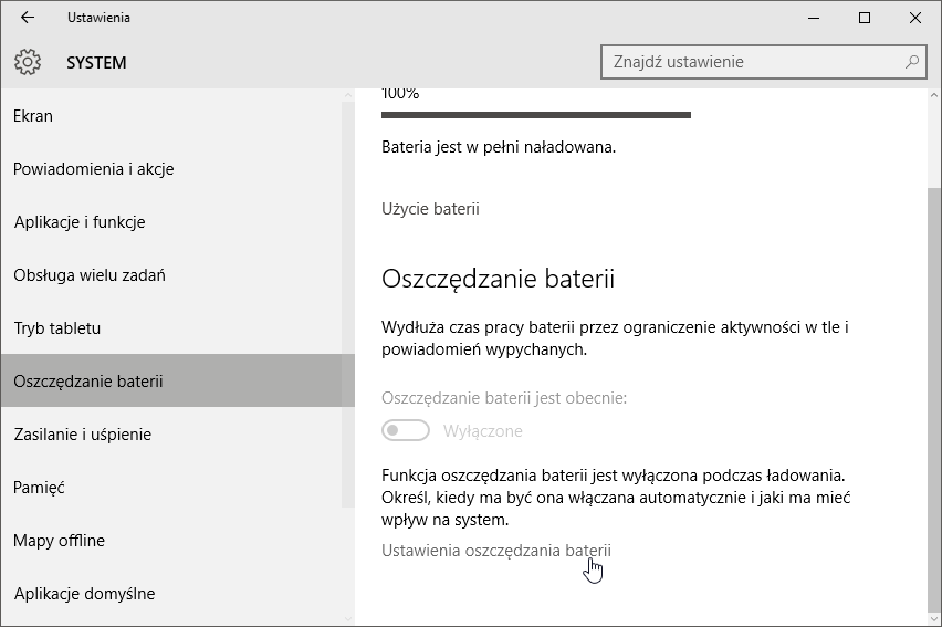 Opcje oszczędzania baterii w Windows 10