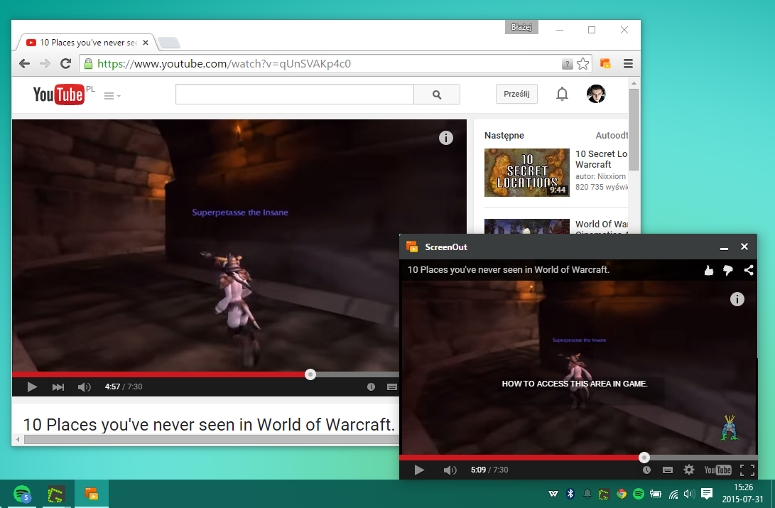 Film z YouTube uruchomiony w oknie ScreenOut