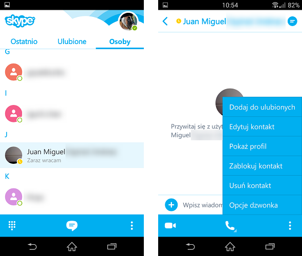 Skype - opcje profilu znajomego