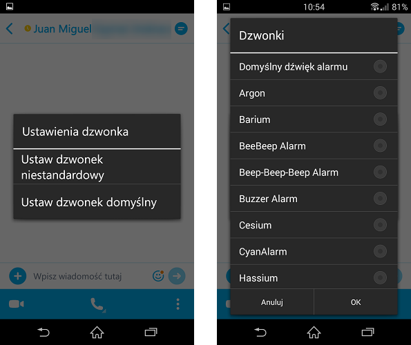 Skype - wybór nowego dzwonka dla kontaktu