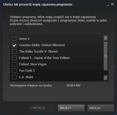 Wybór gier do umieszczenia w kopii zapasowej