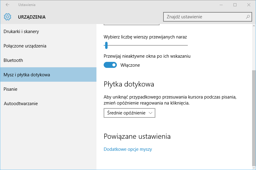 Opcje touchpada w Windows 10