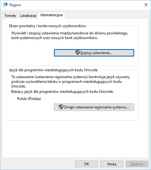 Okno ustawień regionalnych