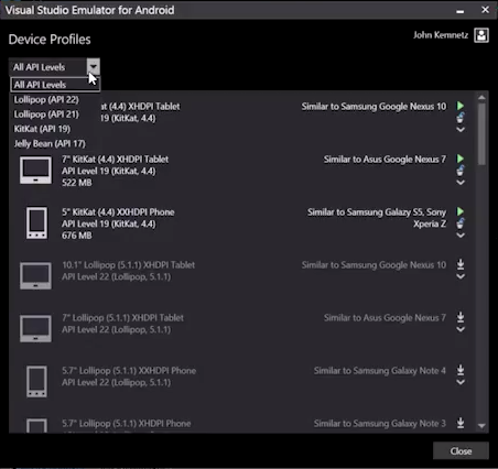 Visual Studio Emulator for Android - wybór profilu