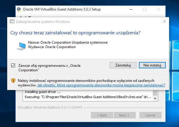 Instalacja sterownika VirtualBox