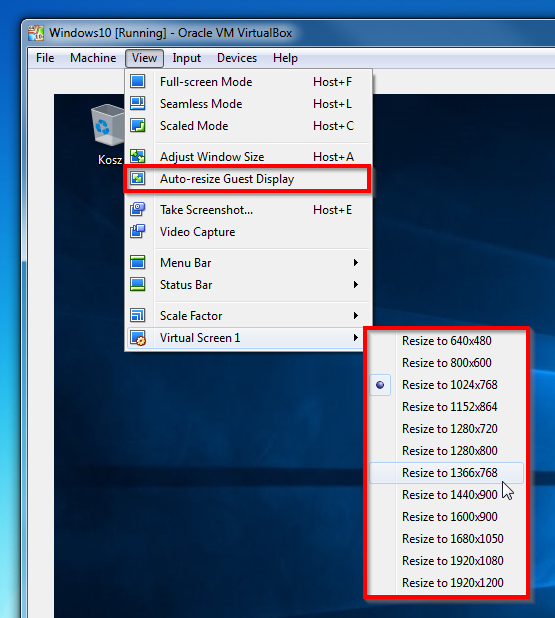 Zmiana rozdzielczości w VirtualBox
