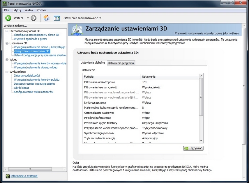 Panel sterowania NVIDIA - ustawienia 3D