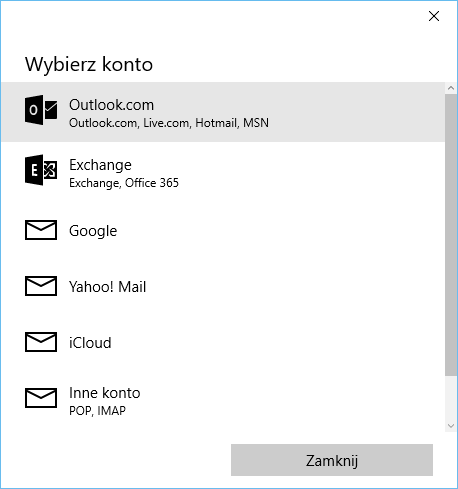 Wybór konta do dodania w Poczcie Windows 10
