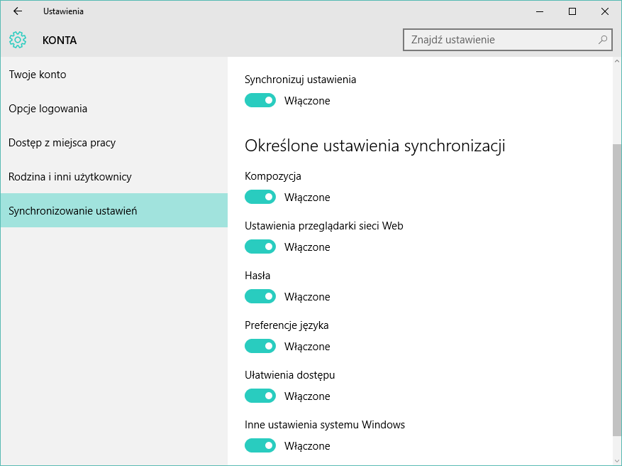 Ustawienia synchronizacji w Windows 10