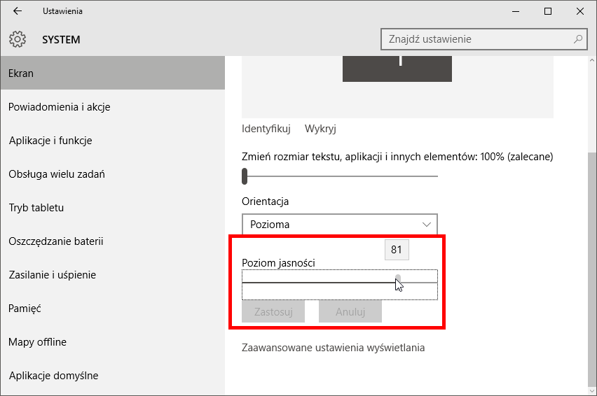 Ustawienia poziomu jasności w Windows 10