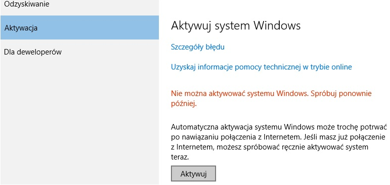 Brak aktywacji w Windows 10