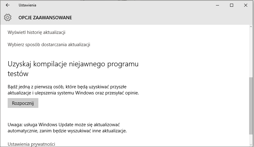 Opcje Zaawansowane Windows Update w Windows 10