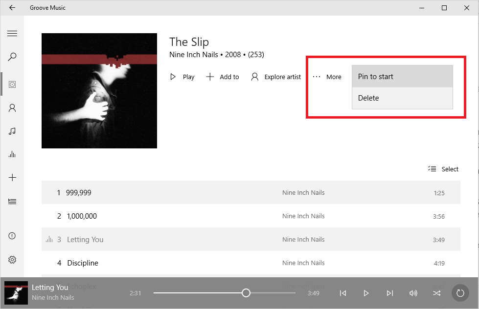 Groove Music - przypinanie muzyki do menu Start