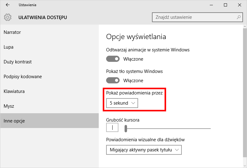 Ułatwienia dostępu Windows 10