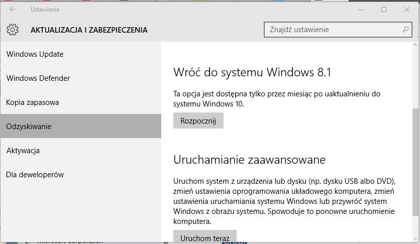 Opcje odzyskiwania w Windowsie 10