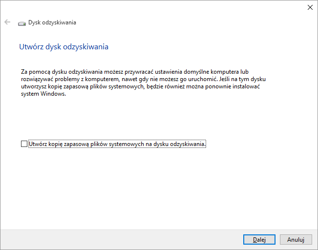 Tworzenie dysku odzyskiwania w Windows 10