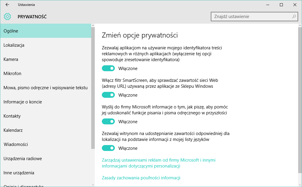 Ustawienia prywatności w Windows 10 - zakładka Ogólne