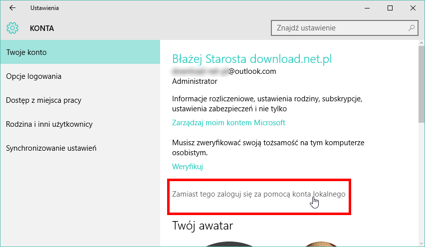 Zmiana konta Microsoft na konto lokalne w Windows 10