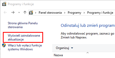 Wyświetl zainstalowane aktualizacje