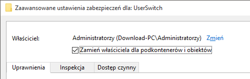 Zaznaczanie opcji zmiany właściciela dla wszystkich podkontenerów