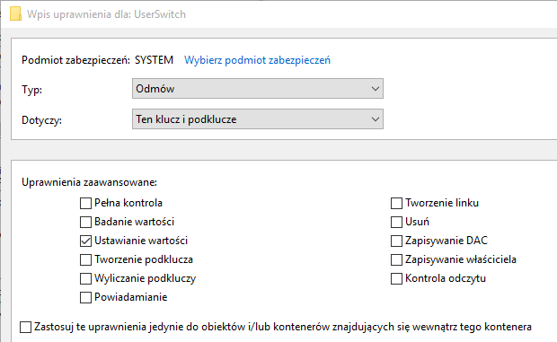 Blokada uprawnień dla podmiotu SYSTEM