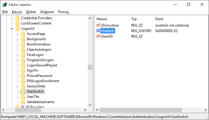 Wpis Enabled w kluczu UserSwitch