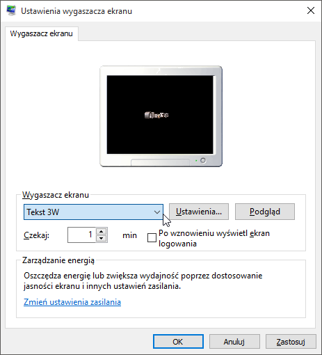 Menu wygaszacza ekranu w Windows 10