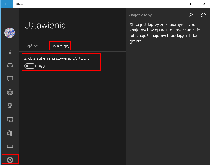 Wyłączanie DVR z Gry w aplikacji Xbox