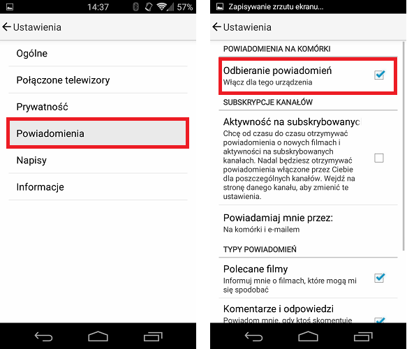 Ustawienia powiadomień w Androidzie w YouTube