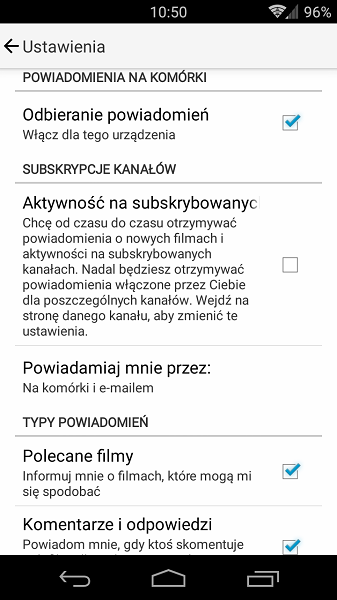 YouTube - ustawienia powiadomień