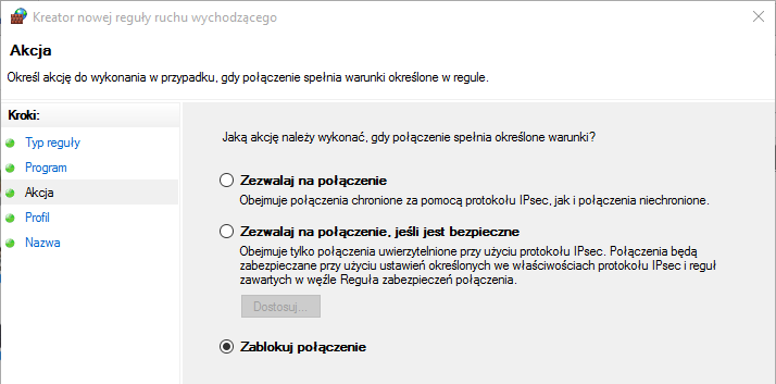 Ustawienie akcji blokowania dla tworzonej reguły