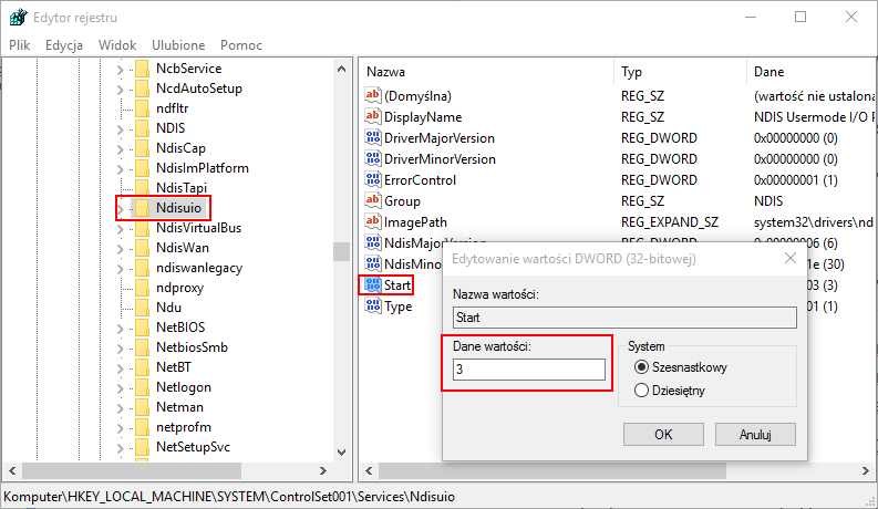 NDISUIO w Edytorze rejestru