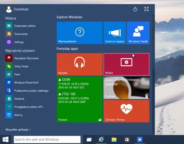 Nowe menu Start w Windows 10