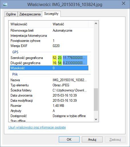 Współrzędne geograficzne w szczegółach zdjęcia