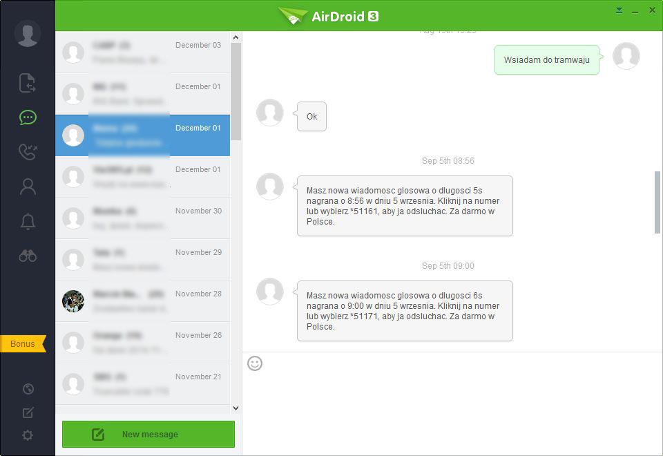 AirDroid - wiadomości SMS