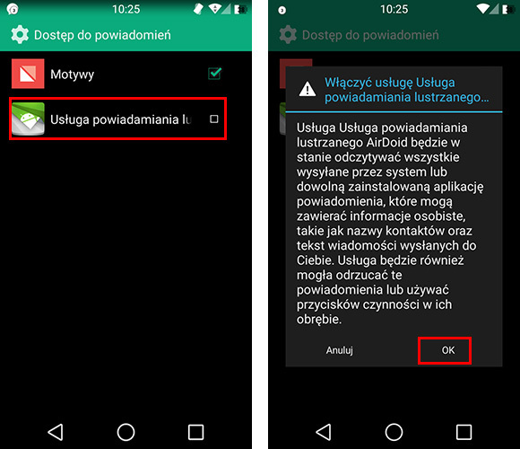 Aktywacja dostępu do powiadomień Androida przez AirDroid