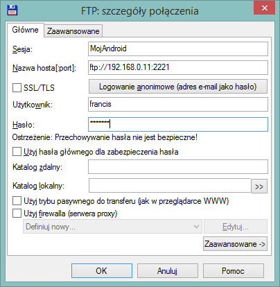 Total Commander - szczegóły połączenia FTP