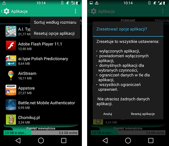 Resetowanie opcji aplikacji w Androidzie