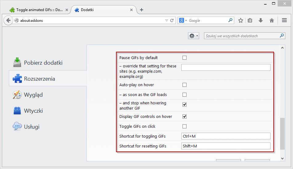 Firefox - blokowanie odtwarzania GIFów
