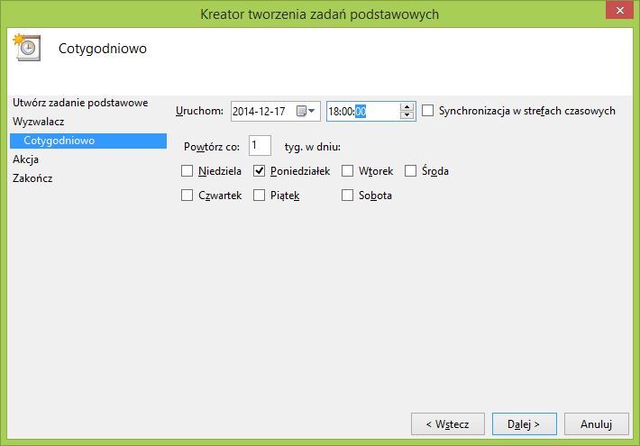 Wybór dnia, w jakim ma być uruchamiane zadanie