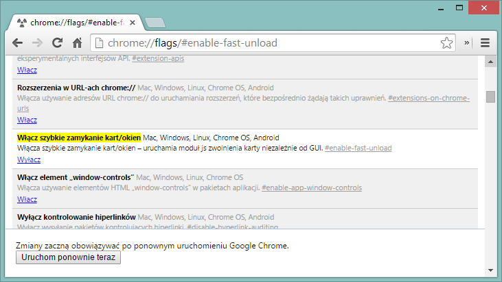 Aktywacja opcji szybkiego zamykania kart w Chrome