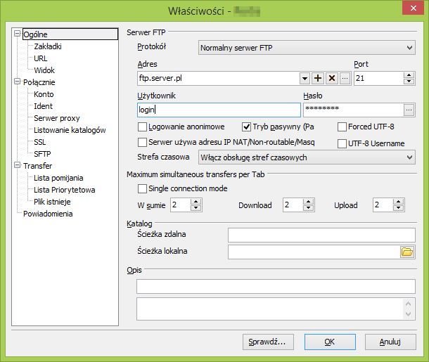 Uzupełnianie informacji o serwerze FTP