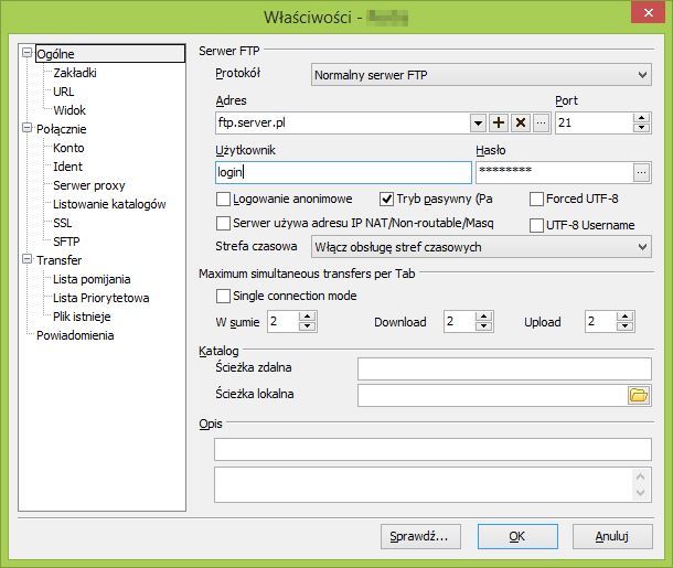 Uzupełnianie informacji o serwerze FTP