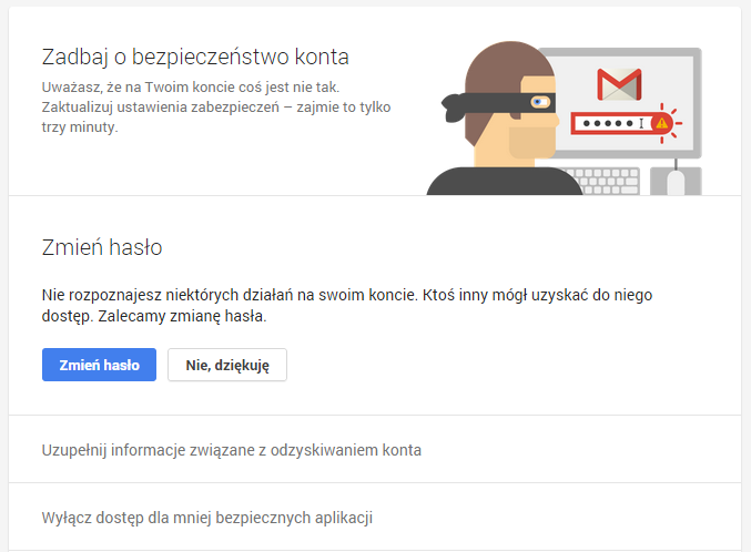 Dostępne opcje zabezpieczające konto Google