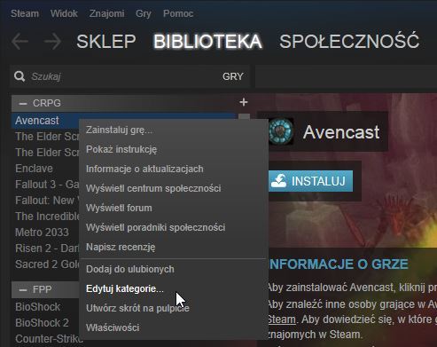 Steam - menu kontekstowe gry